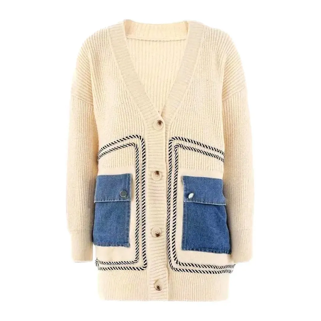 Fashionable cargo pockets jeans cardigan for women