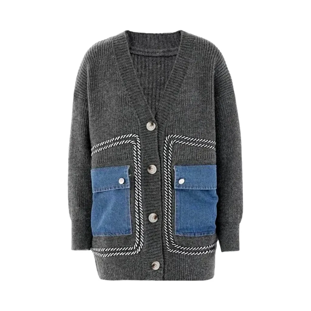 Fashionable cargo pockets jeans cardigan for women