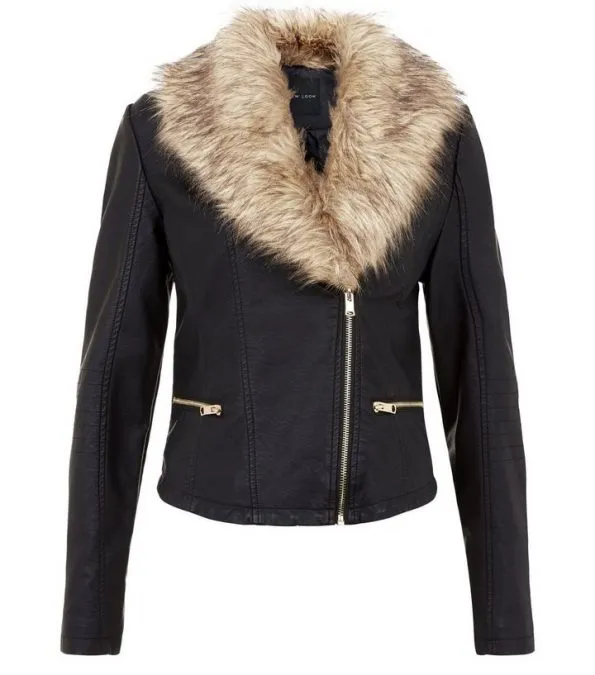 Faux Fur Collar Black Leather Jacket