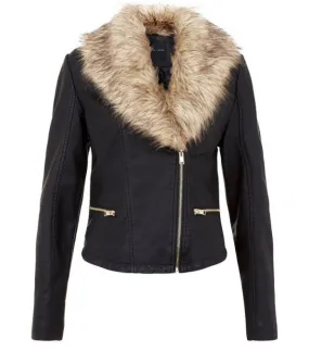 Faux Fur Collar Black Leather Jacket