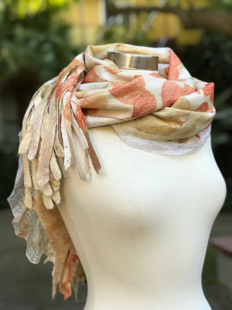 Felted Scarf with Botanical Print for Women, Eco Print Wrap, Scarf for Wedding with Leaves, Natural Eco Printed Scarf, Elegant Evening Scarf