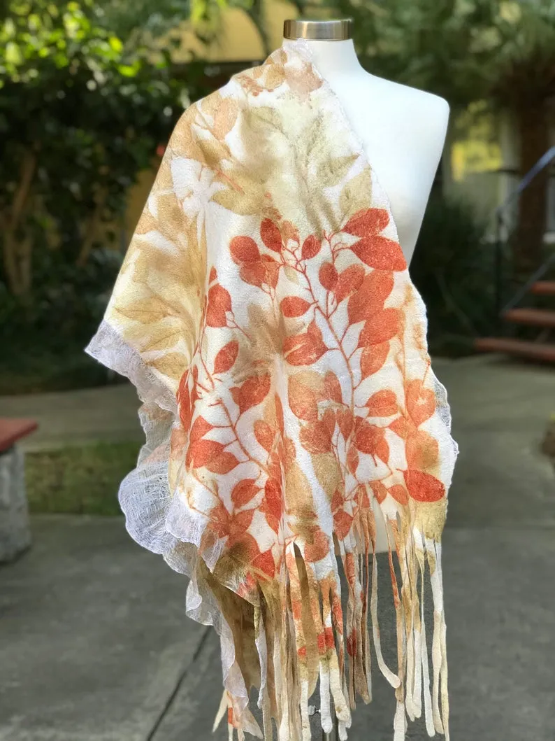 Felted Scarf with Botanical Print for Women, Eco Print Wrap, Scarf for Wedding with Leaves, Natural Eco Printed Scarf, Elegant Evening Scarf