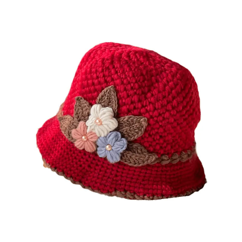 French Thicken Women's Flowers Knitted Woolen Hat