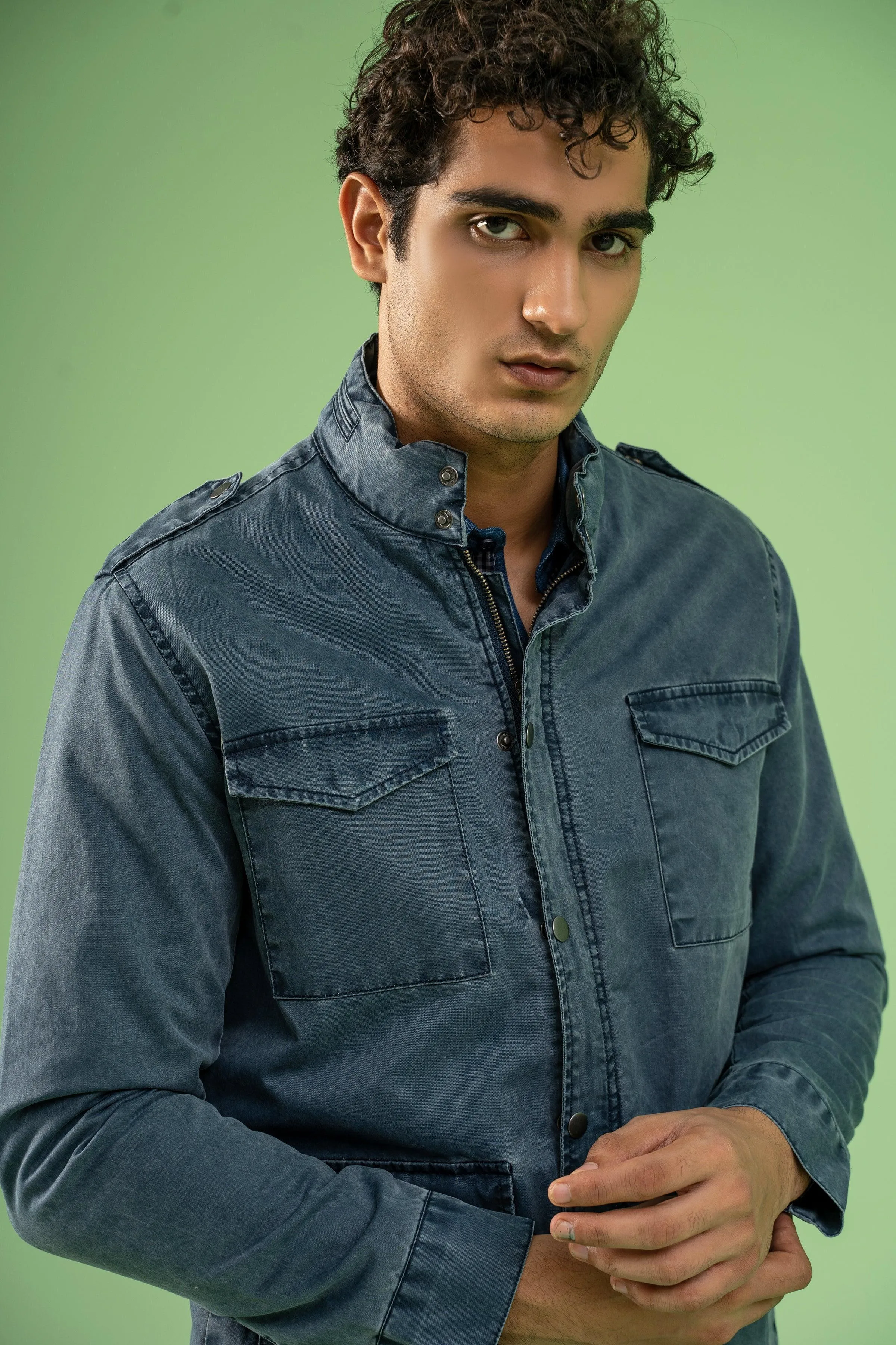 FULL SLEEVE ENZYME WASHED FIELD JACKET NAVY