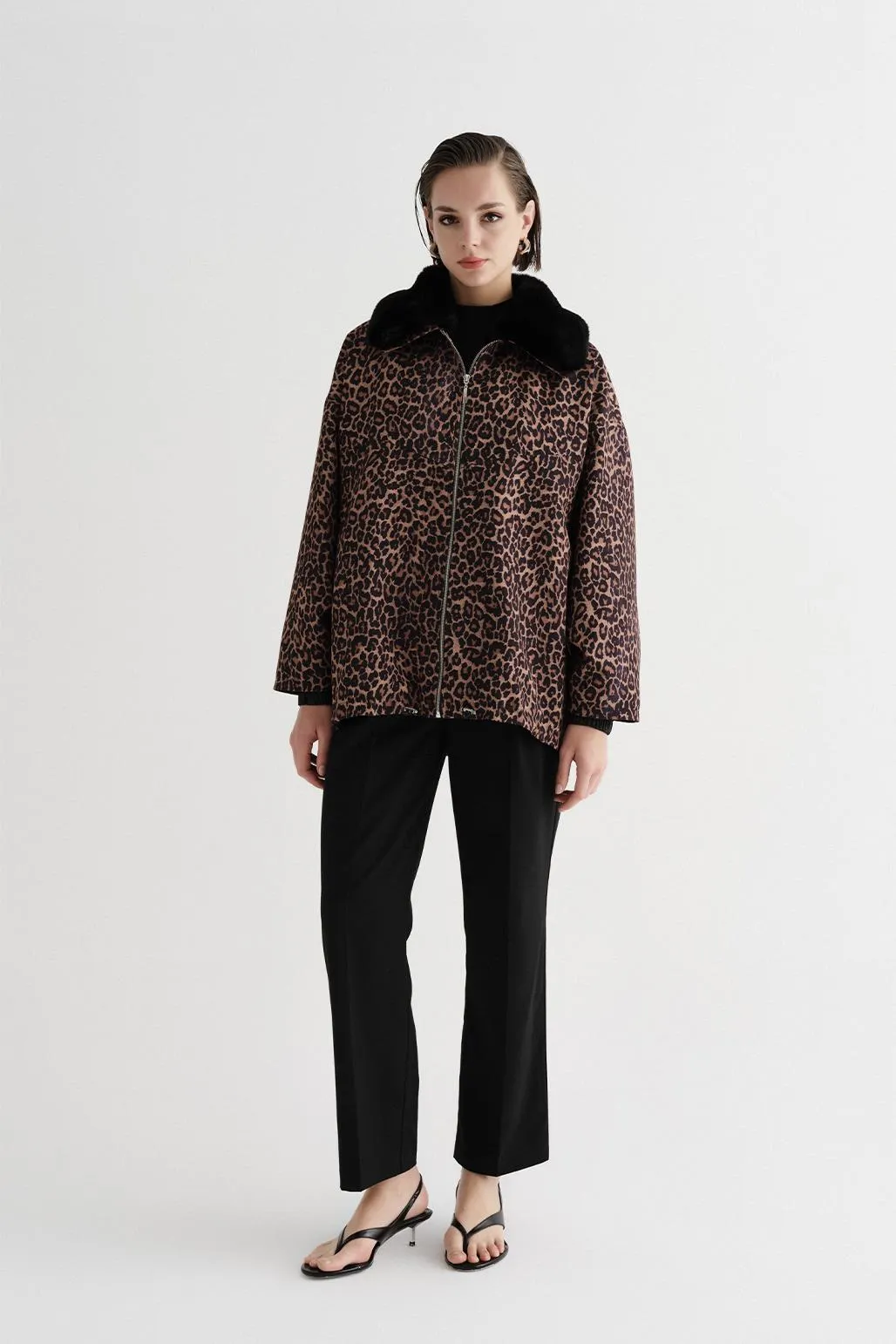 Fur Collar Oversize Bomber Jacket Leopard