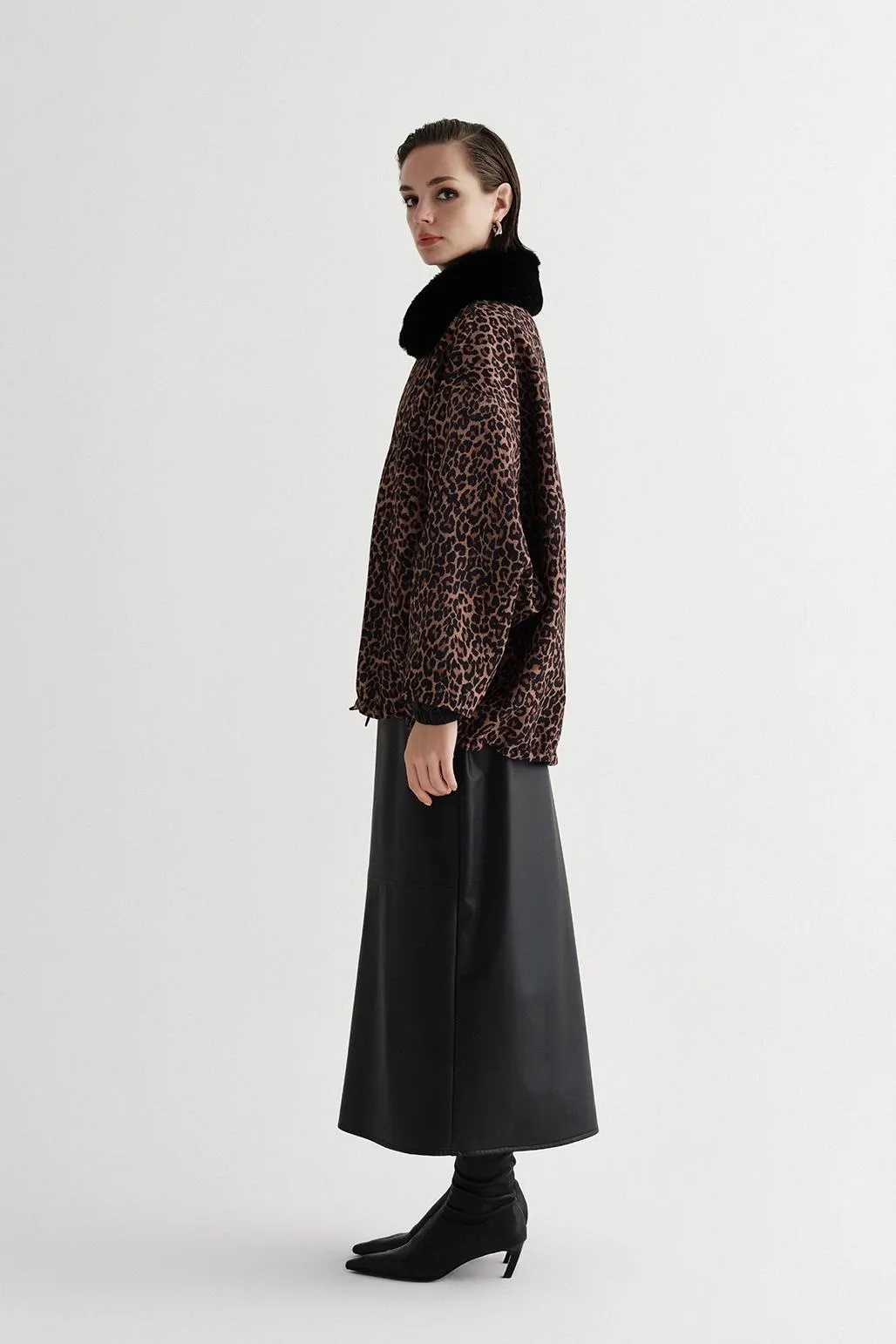 Fur Collar Oversize Bomber Jacket Leopard