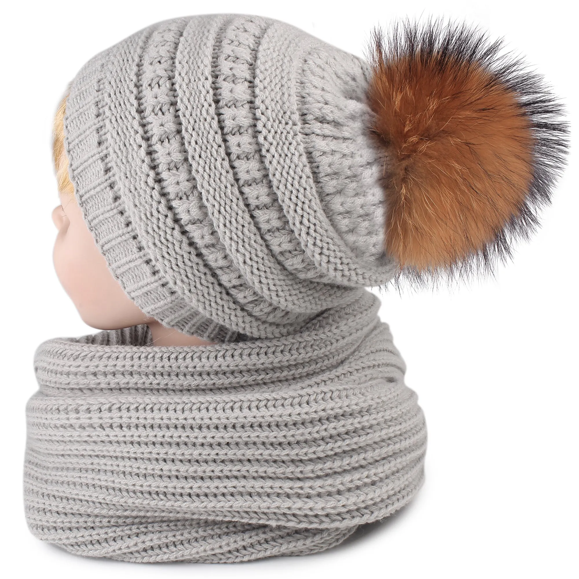 FURTALK Child Winter Real Fur PomPom Hat Scarf Set  Drop Shipping CH011