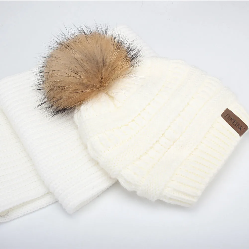 FURTALK Child Winter Real Fur PomPom Hat Scarf Set  Drop Shipping CH011