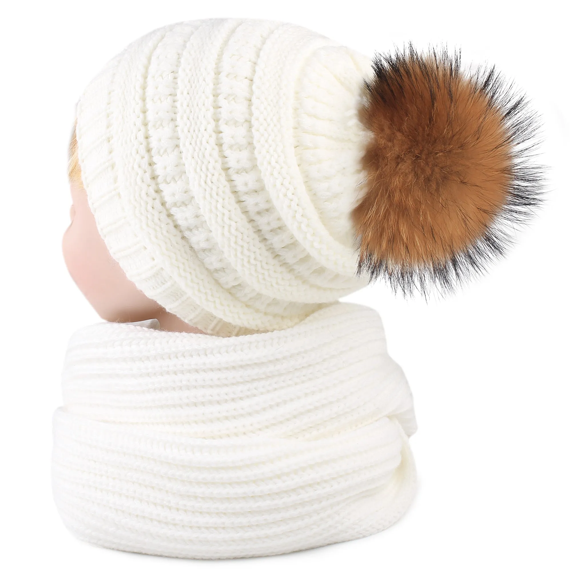 FURTALK Child Winter Real Fur PomPom Hat Scarf Set  Drop Shipping CH011