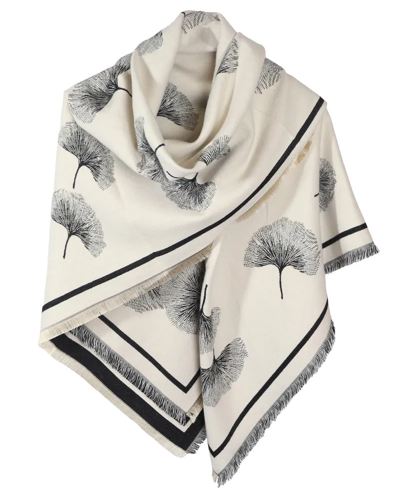 Ginkgo Square Reversible Black & Cream Shawl Wrap