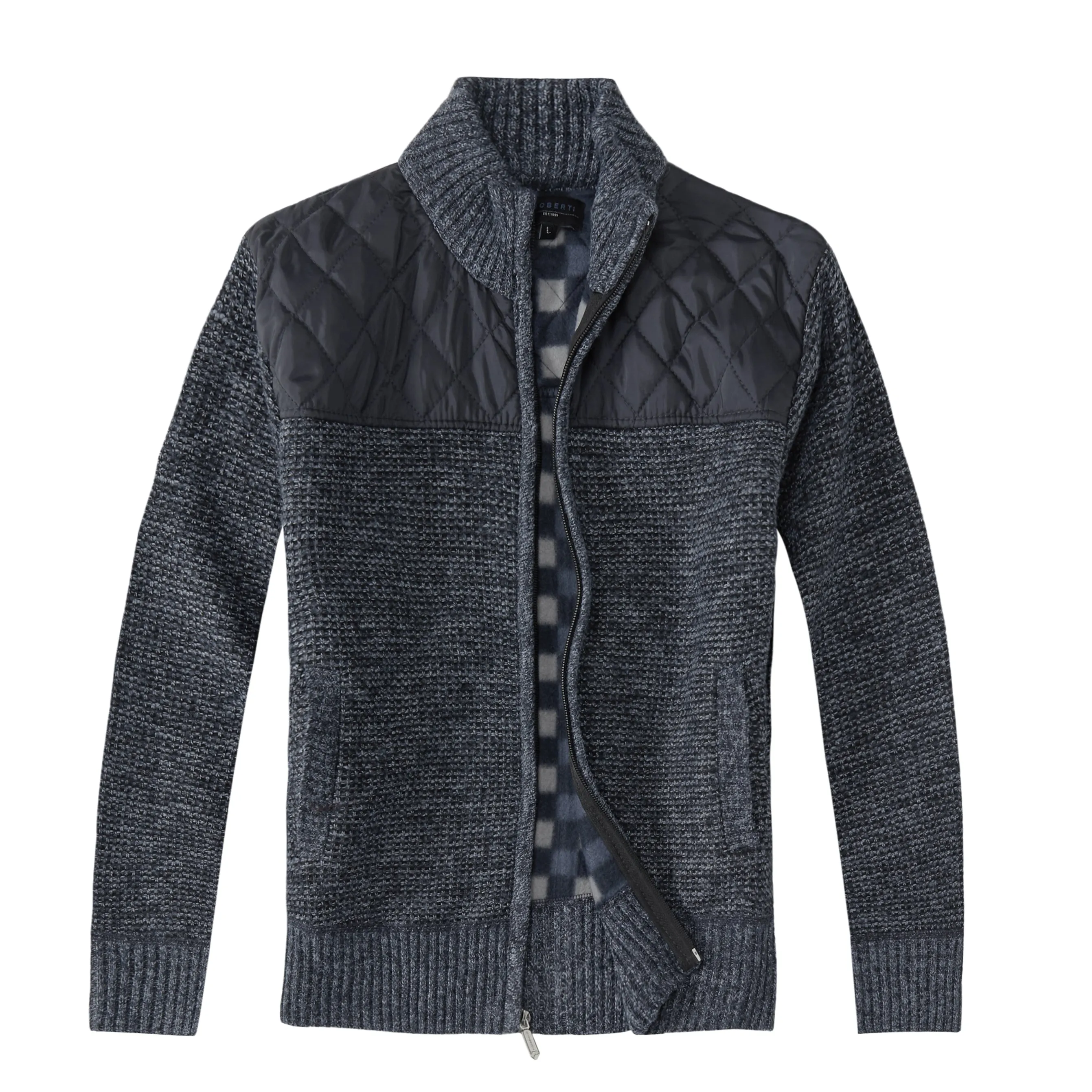 Gioberti Men's Marled Blue Knitted Regular Fit Full Zip Cardigan Sweater with Soft Brushed Flannel Lining