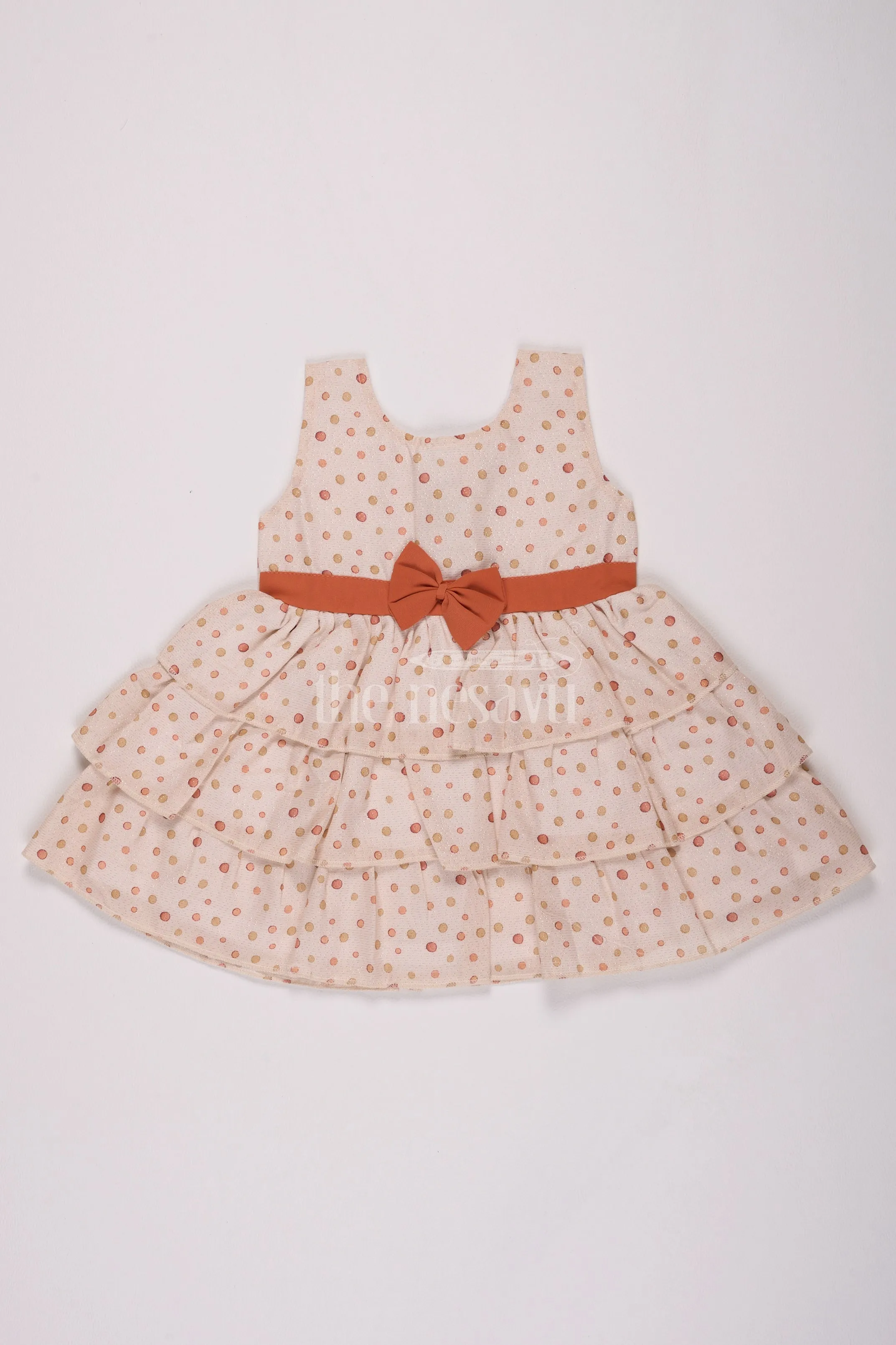 Girls Cream Brasso Polka Dot Dress with Rust Bow and Layered Skirt for Festive Gatherings