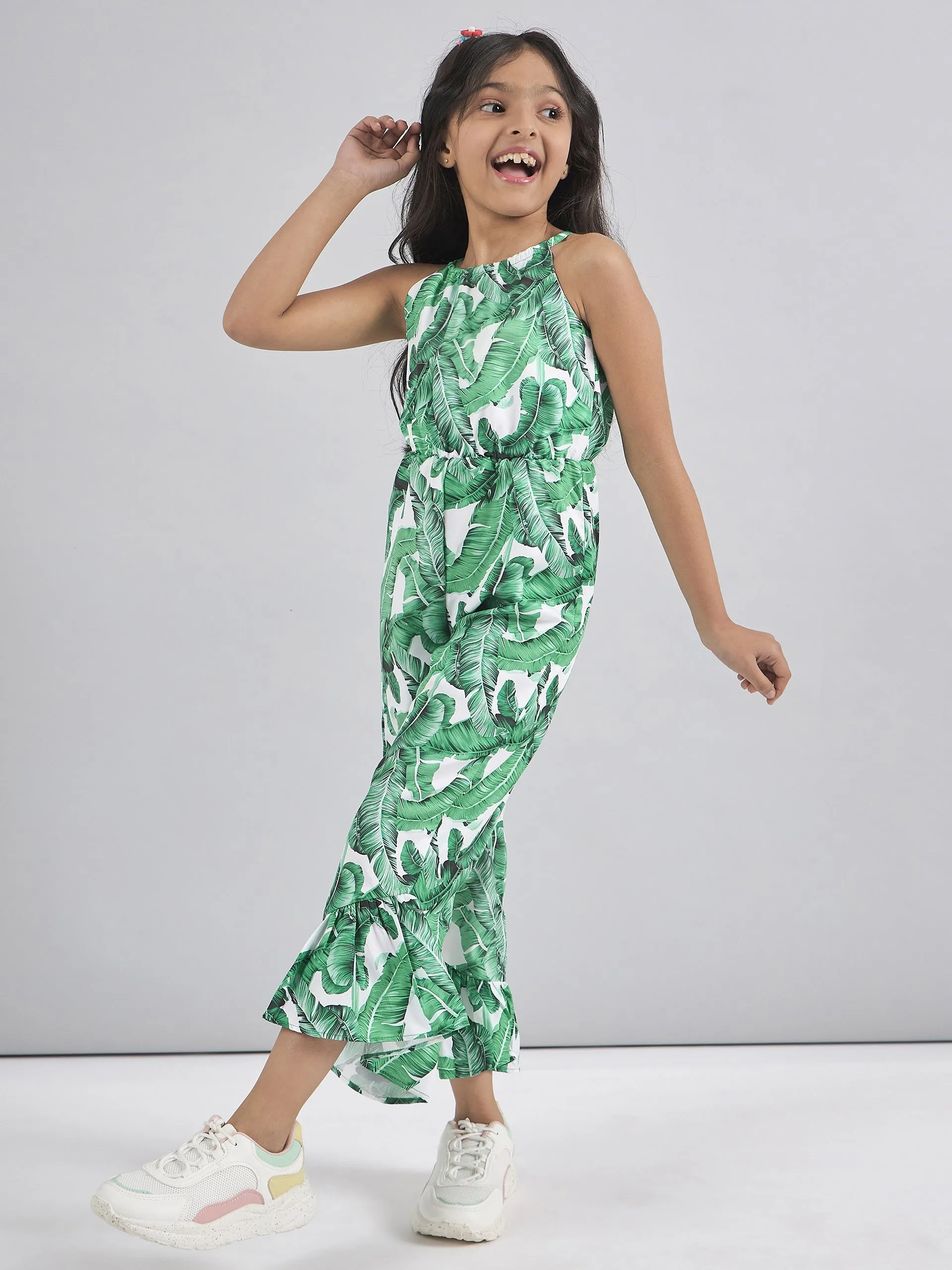 Girls Halter Neck Printed Silk Basic Jumpsuit