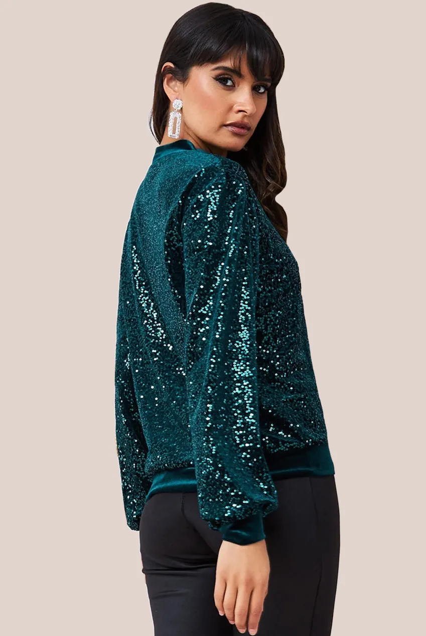 Goddiva Sequin Velvet Jumper - Emerald Green