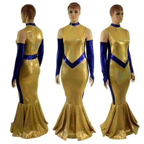 Gold and Blue Super Hero Fishtail Gown and Arm Warmers