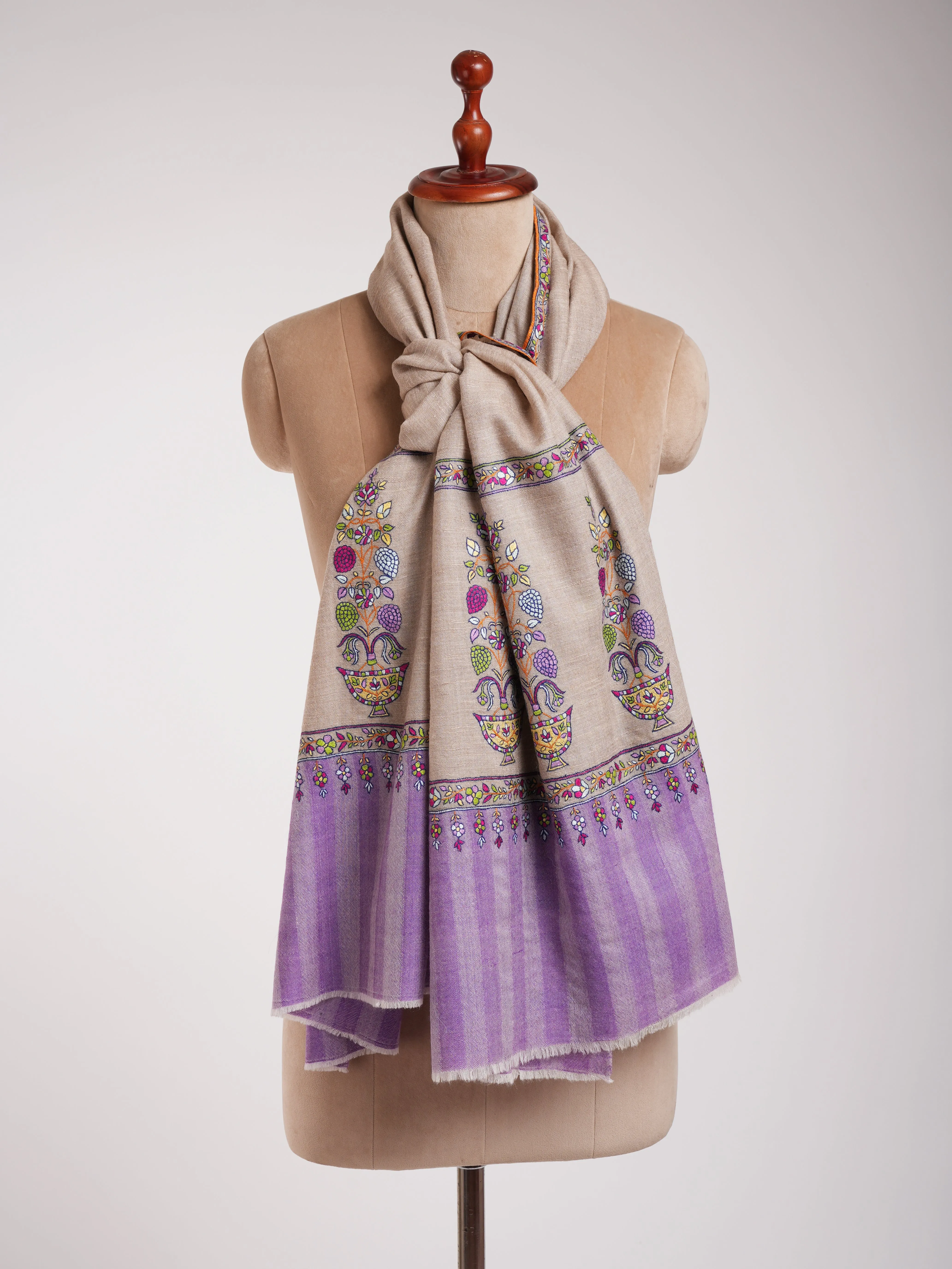 Gray and Purple Kashmiri Pashmina Shawl with Sozni Embroidery