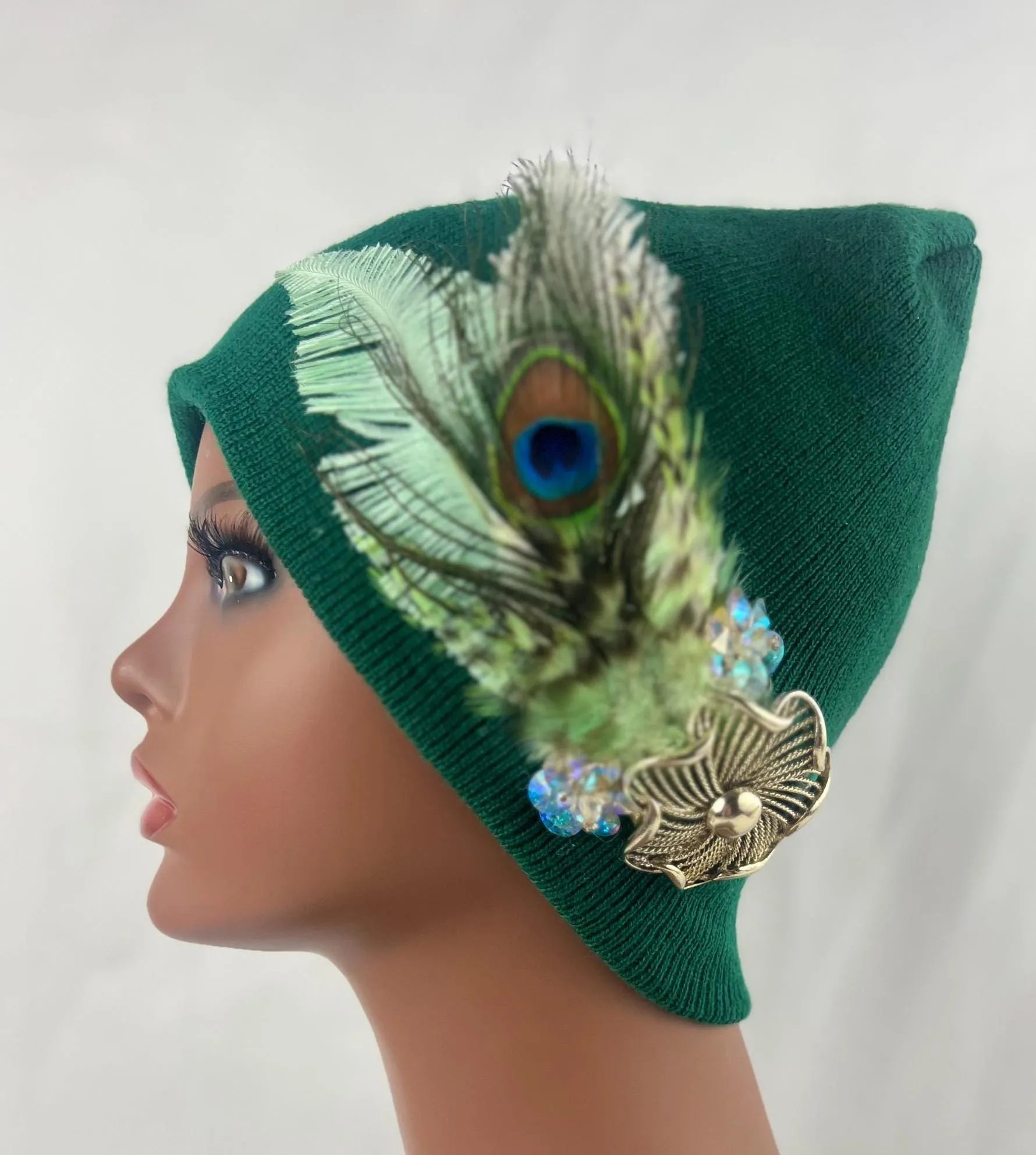 GREEN Embellished Feathered & Jeweled Knit Hat