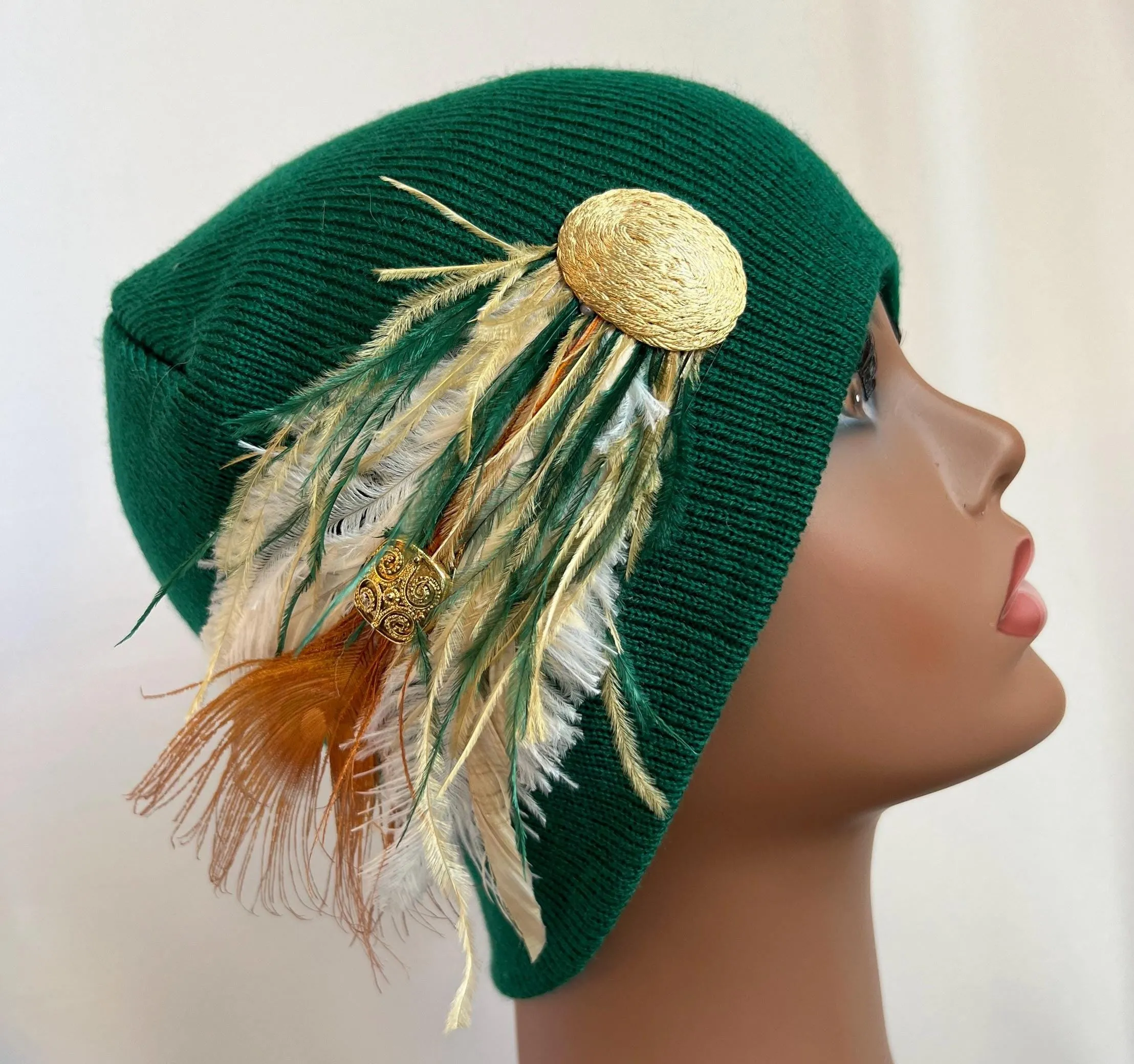 GREEN Embellished Feathered & Jeweled Knit Hat