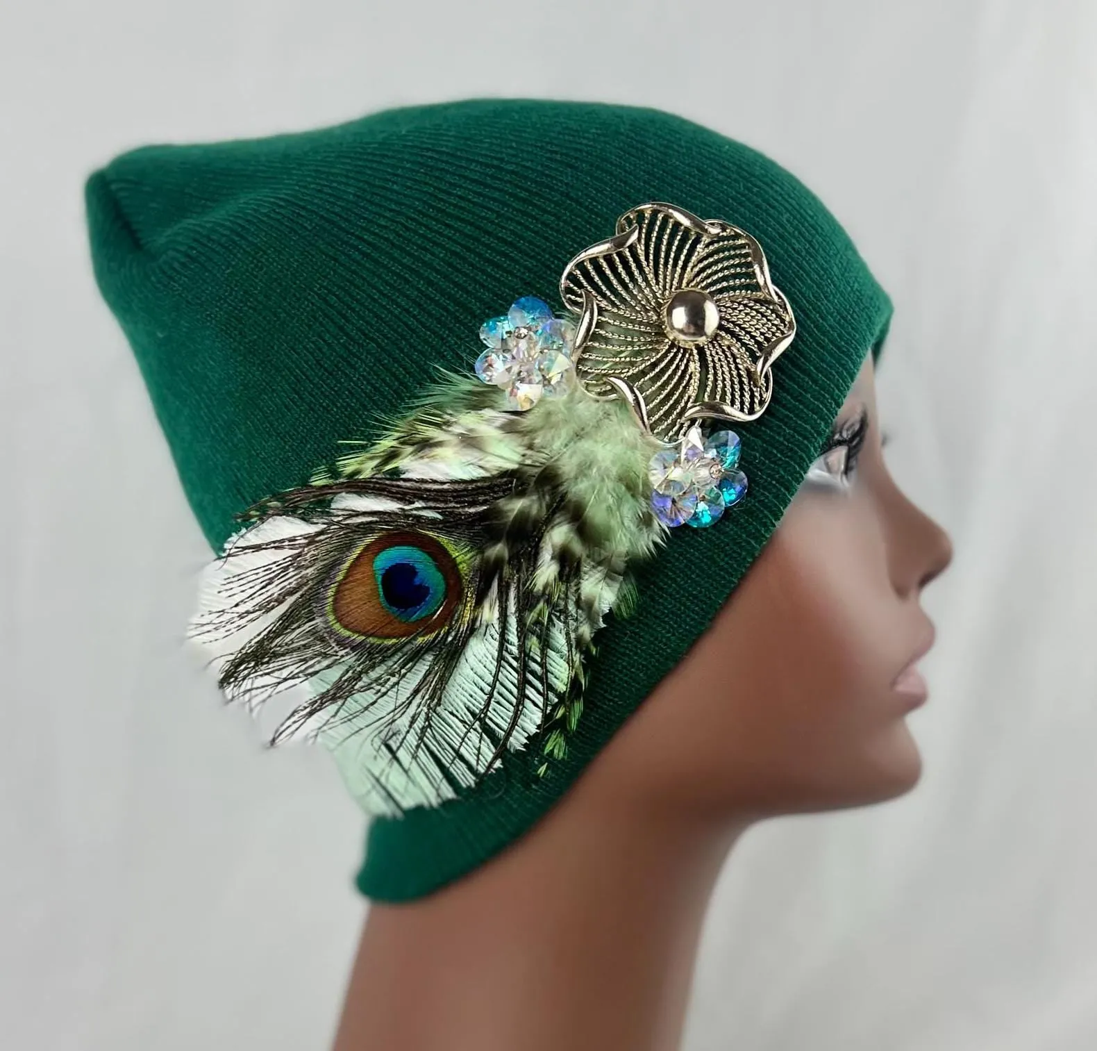 GREEN Embellished Feathered & Jeweled Knit Hat