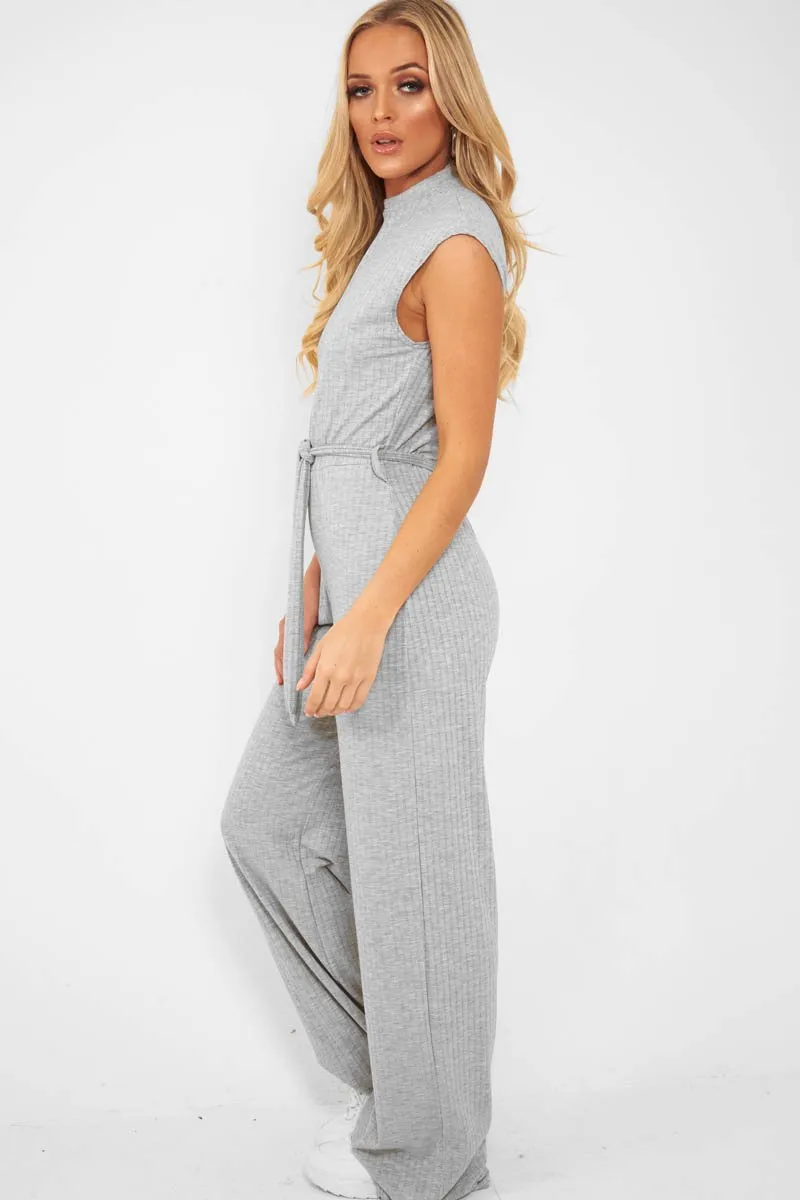 Grey Ribbed High Neck Wide Leg Belted Jumpsuit - Rayden