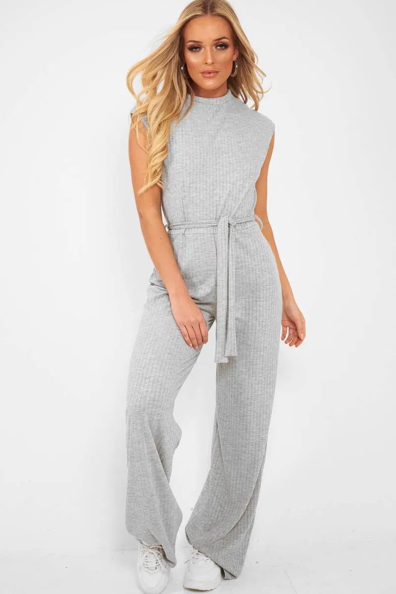 Grey Ribbed High Neck Wide Leg Belted Jumpsuit - Rayden