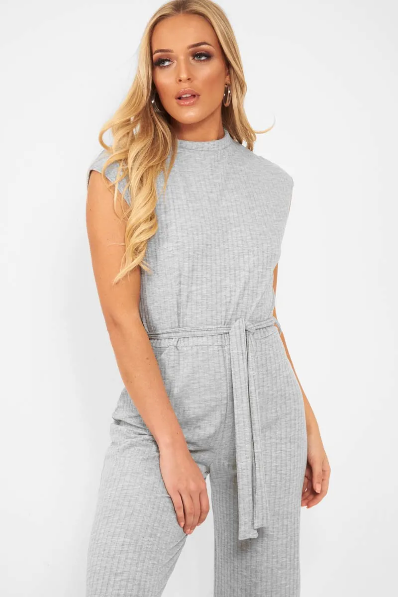 Grey Ribbed High Neck Wide Leg Belted Jumpsuit - Rayden