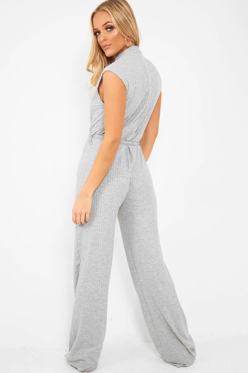 Grey Ribbed High Neck Wide Leg Belted Jumpsuit - Rayden