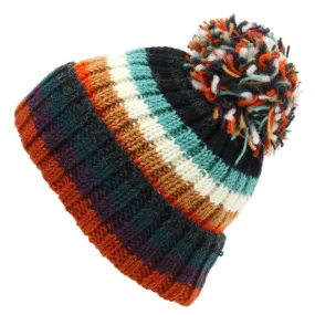 Hand Knitted Wool Beanie Bobble Hat - Stripe Anu