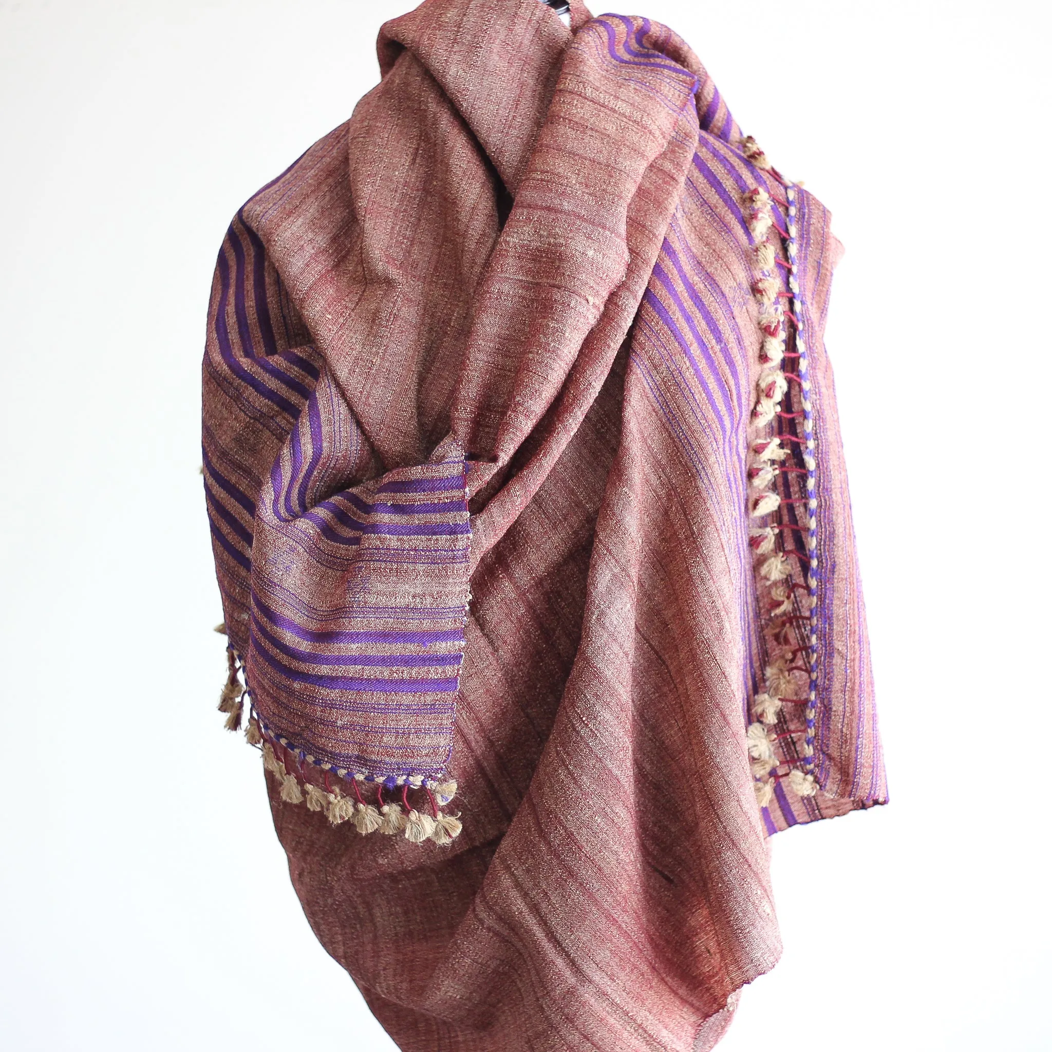 Handspun Tussar Silk & Merino Wool Shawl - Handwoven with Tassels | Maroon, 38x87"