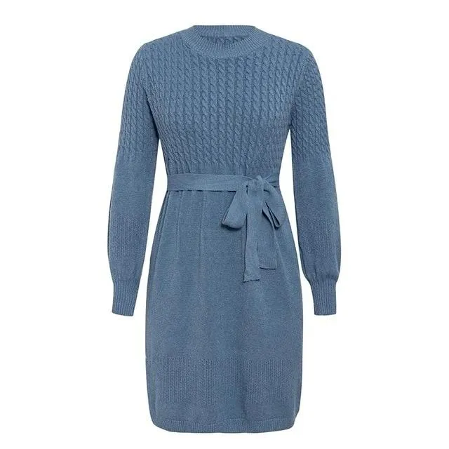 High Waist Elegant Soft Belt A-line Knitted Sweater Dress