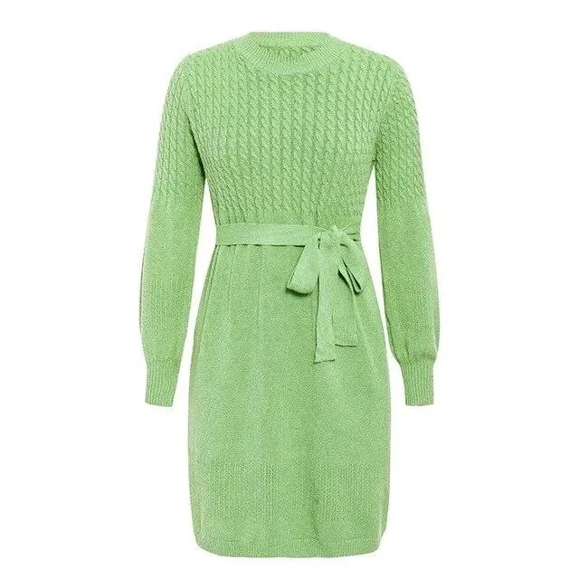 High Waist Elegant Soft Belt A-line Knitted Sweater Dress