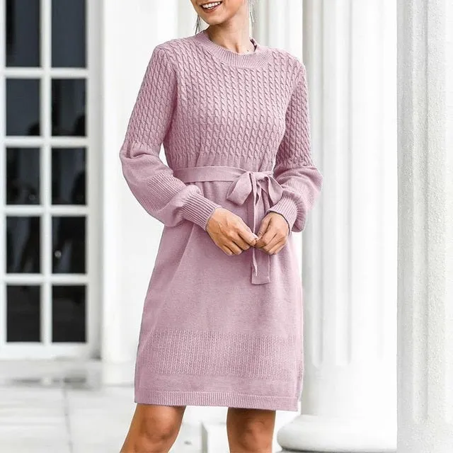 High Waist Elegant Soft Belt A-line Knitted Sweater Dress