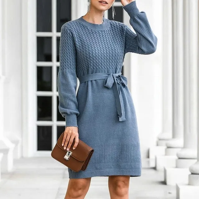 High Waist Elegant Soft Belt A-line Knitted Sweater Dress