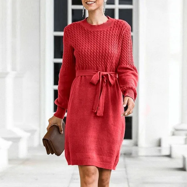 High Waist Elegant Soft Belt A-line Knitted Sweater Dress