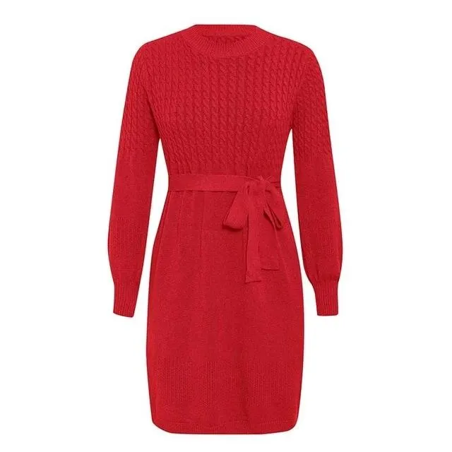 High Waist Elegant Soft Belt A-line Knitted Sweater Dress