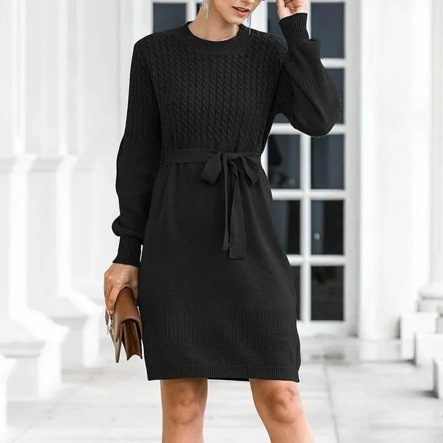 High Waist Elegant Soft Belt A-line Knitted Sweater Dress