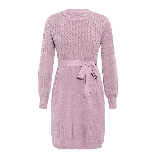 High Waist Elegant Soft Belt A-line Knitted Sweater Dress