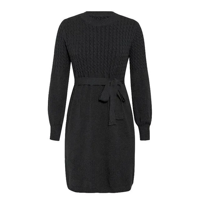 High Waist Elegant Soft Belt A-line Knitted Sweater Dress