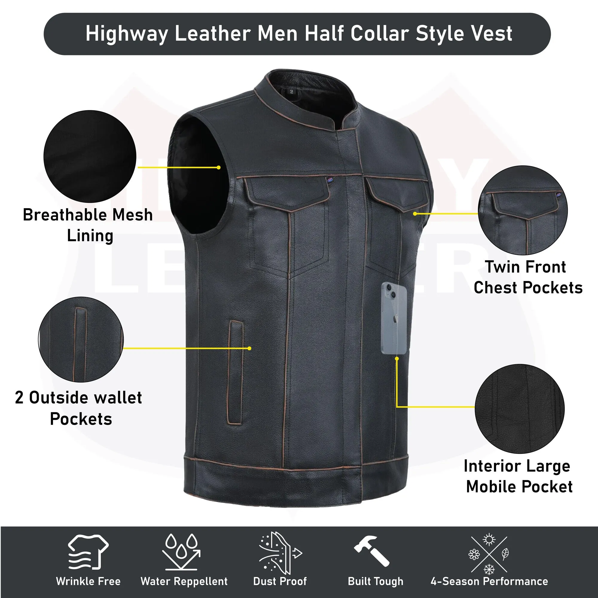 HL11689RB-BROWN RUB BUFF BROWN  Club Leather Motorcycle Vest Men