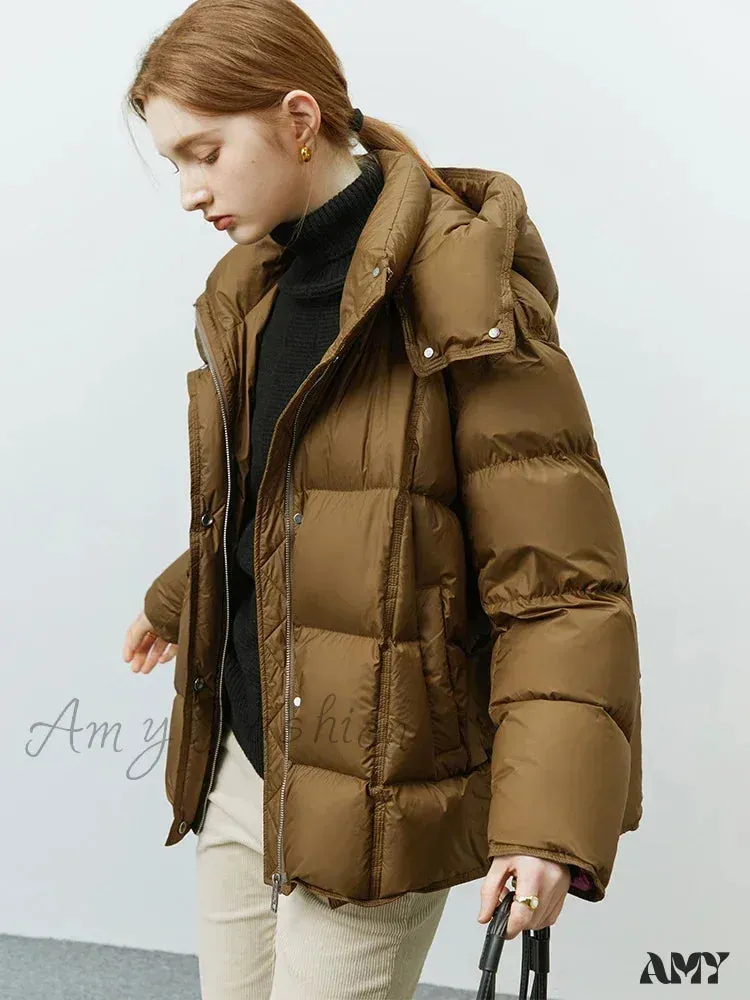 Hooded Goose Solid Color Windproof Short Casual Winter Down Coat