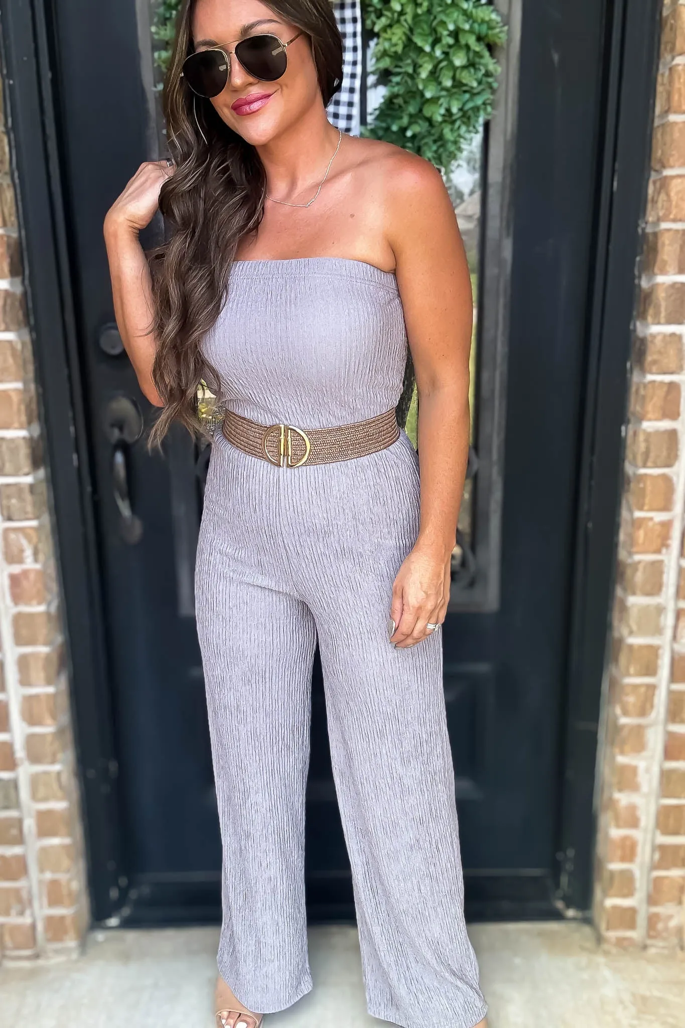 Iris Grey Strapless Belted Wide Leg Jumpsuit