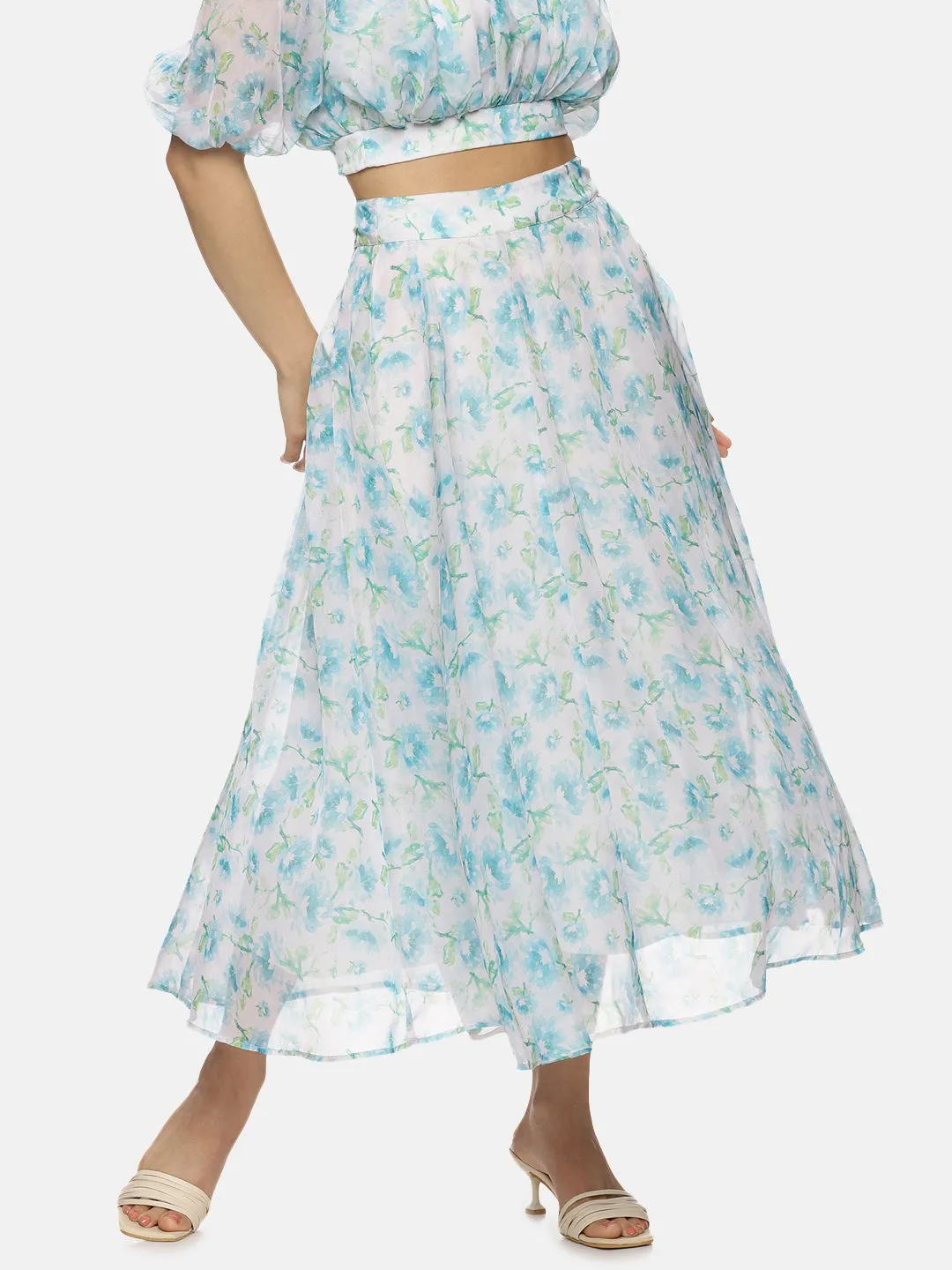 IS.U Floral White Flared Midaxi Skirt