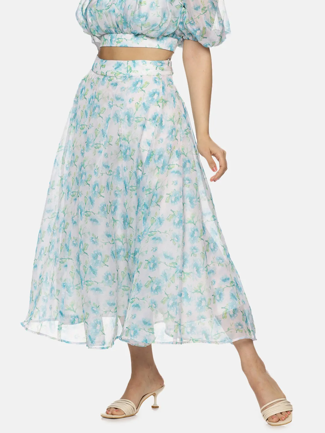 IS.U Floral White Flared Midaxi Skirt