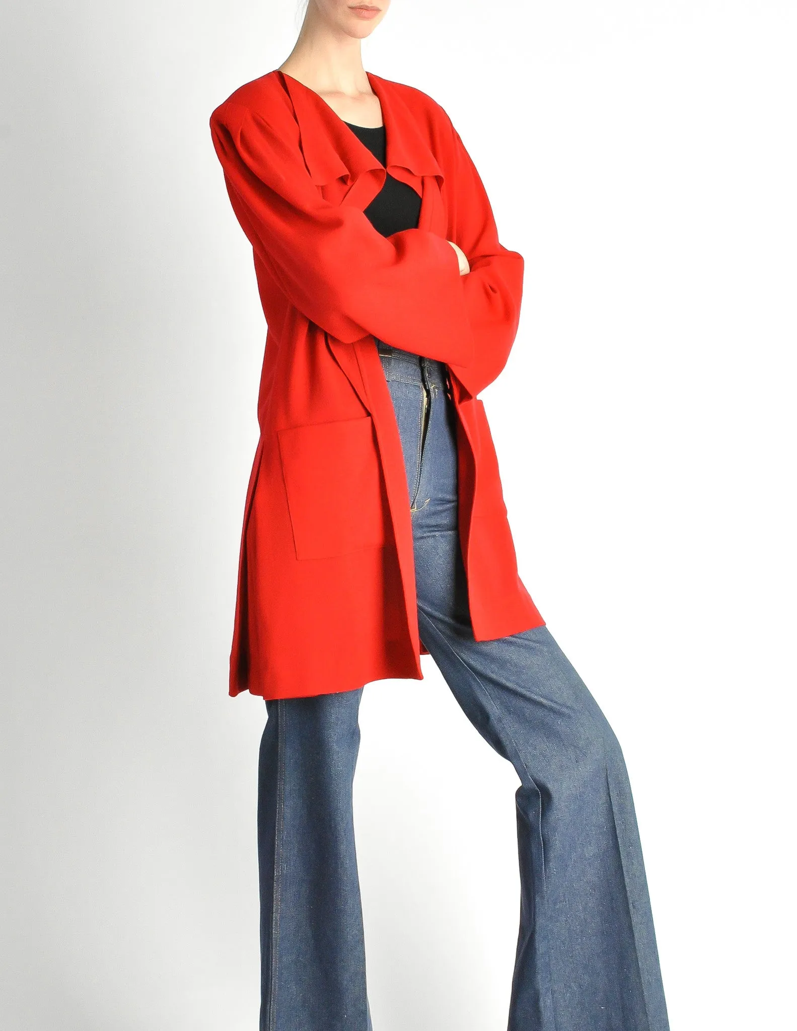 Jean Muir Vintage Red Wool Crepe Draping Cardigan Jacket