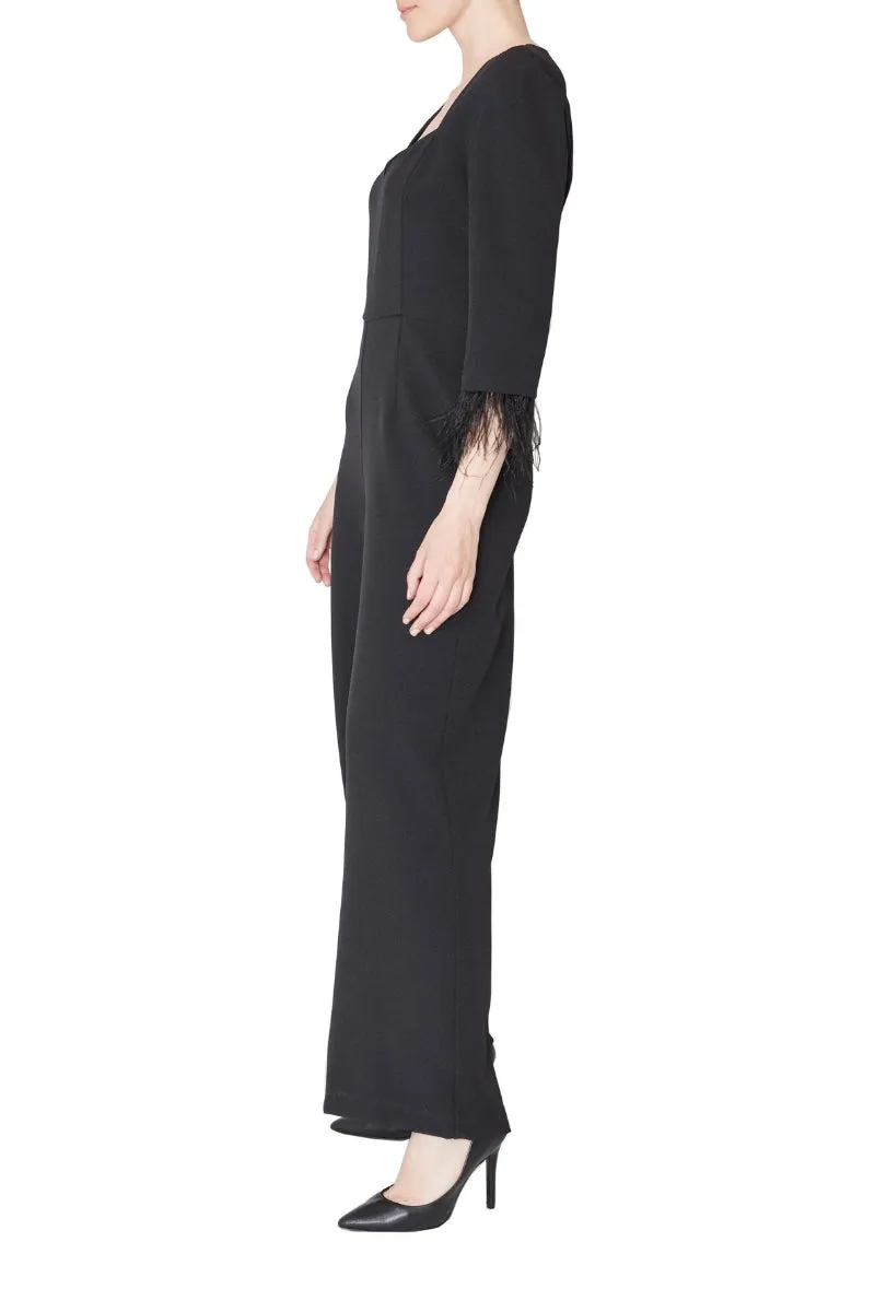 Julia Jordan faux feather trim v neck crepe jumpsuit