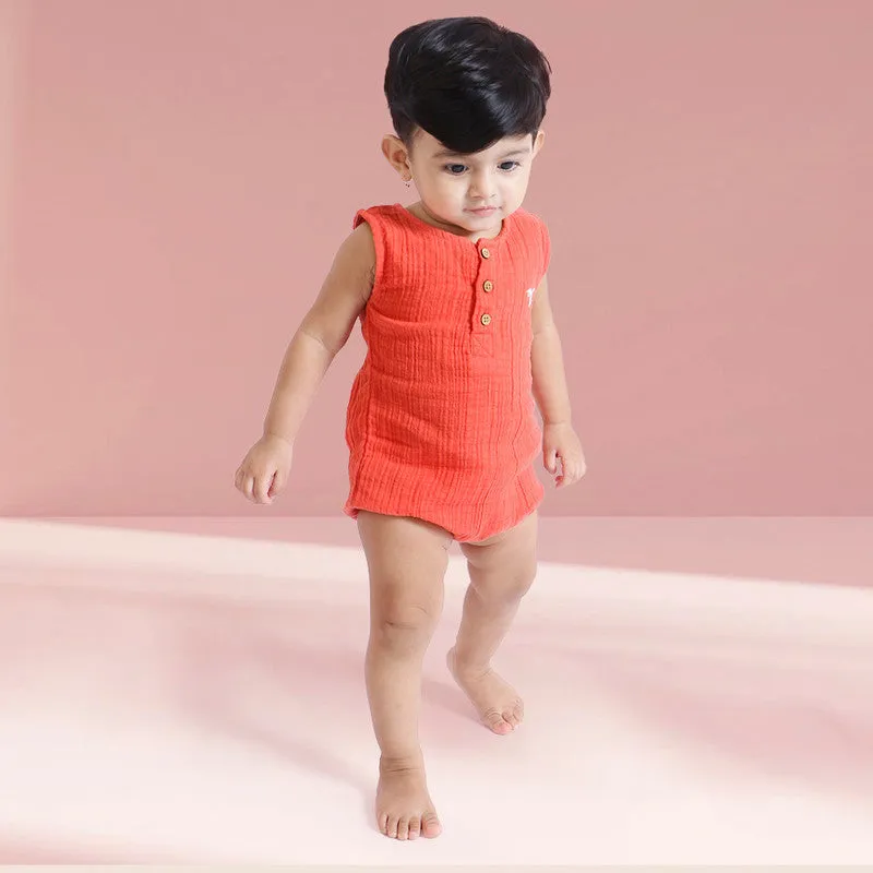 Jumpsuit for Kids | Cotton Muslin Baby Romper | Sleeveless | Rust Red