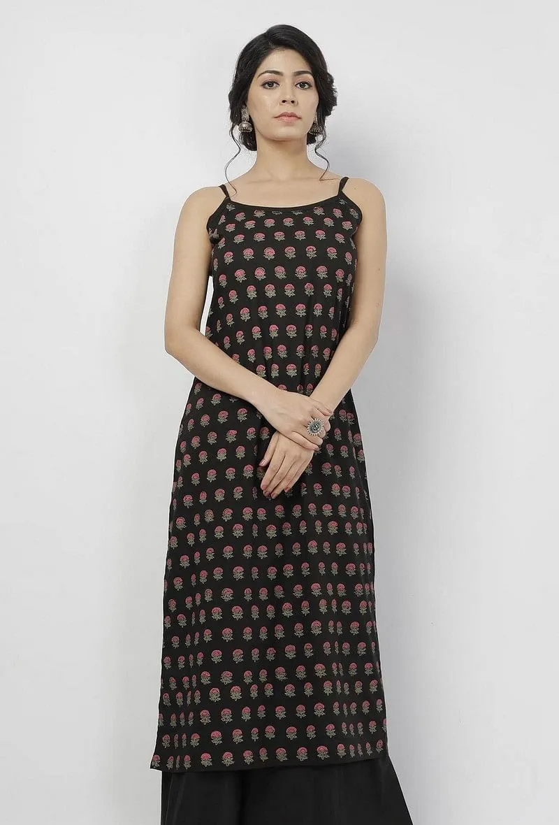 Kani Black Floral Buti Hand-Block Printed Cotton Slip