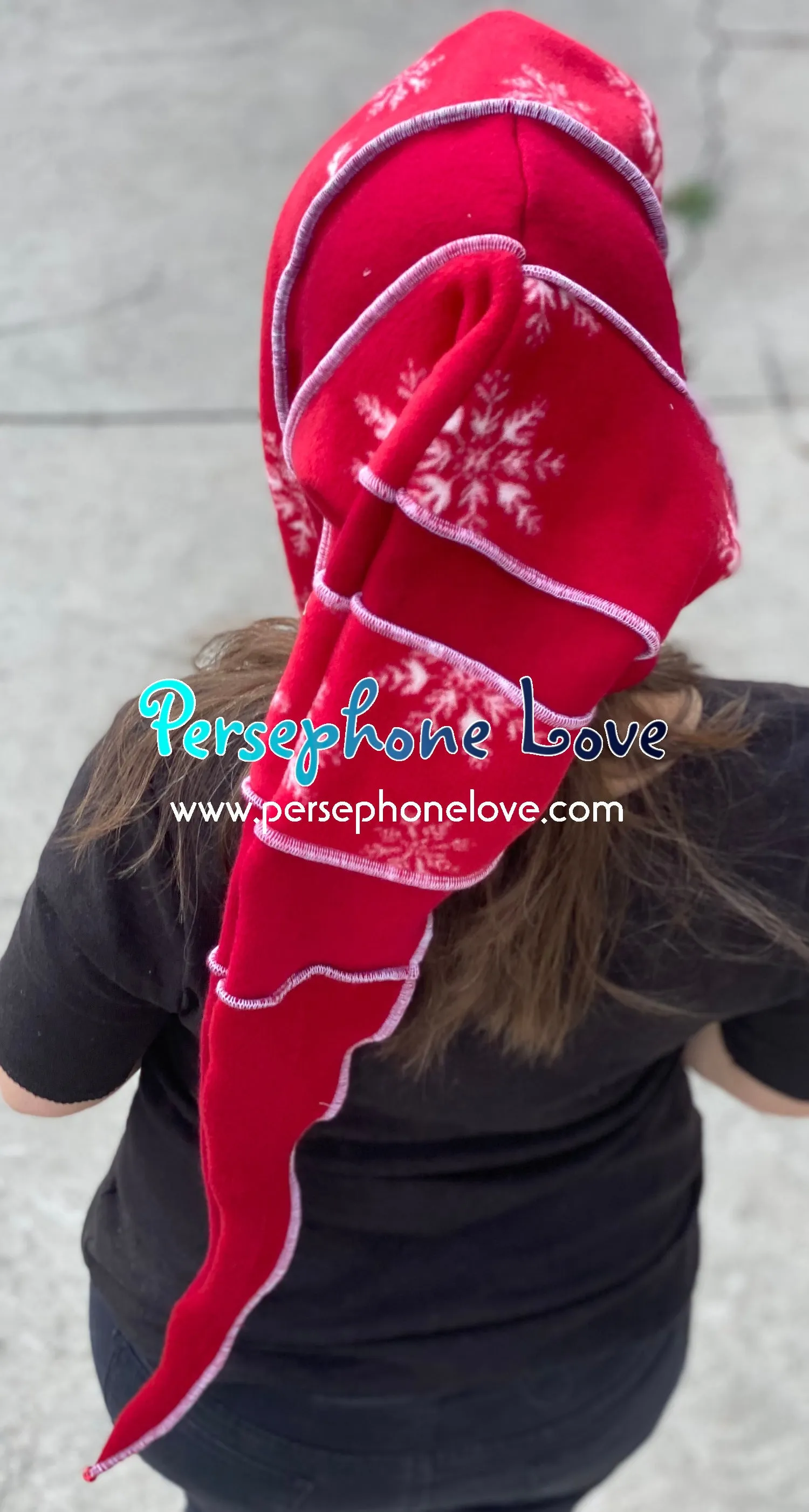 Katwise inspired red white snowflake felted 100% cashmere recycled sweater elf hat/hood-1445