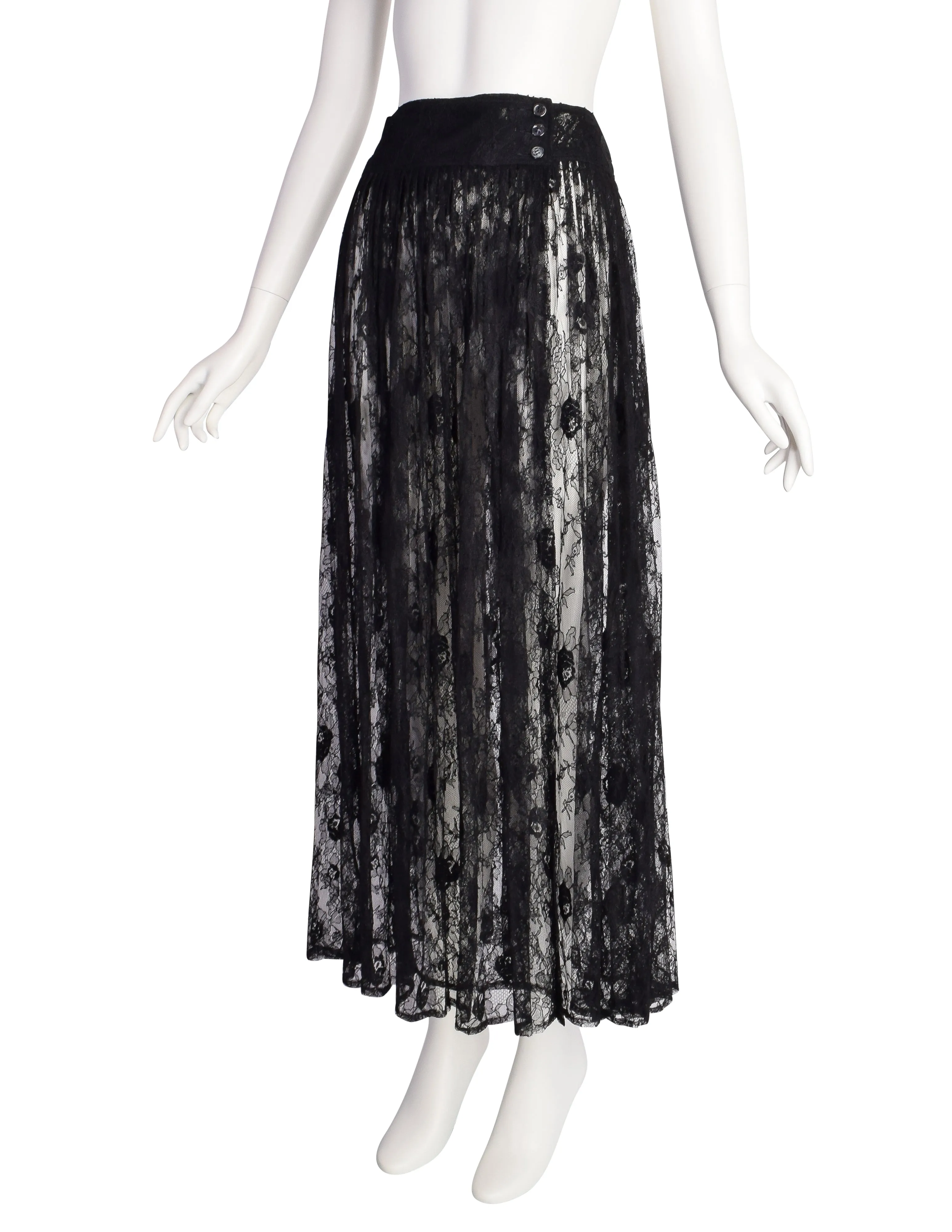 Kenzo Vintage 1980s Sheer Black Floral Lace Long Wrap Skirt