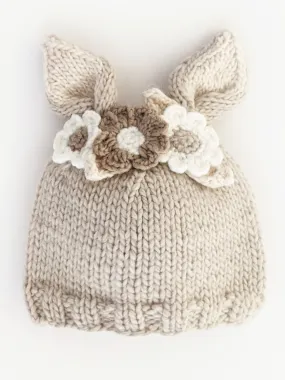 Knit Bunny Hat, Oatmeal Flowers